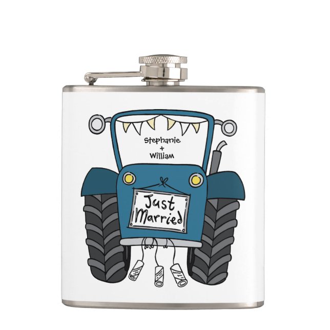 Personalisiertes Blue Tractor Country Wedding-Gesc Flachmann (Vorderseite)
