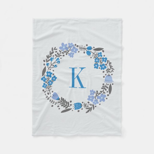 Personalisiertes Blumenwreath-u. Monogramm-blaues Fleecedecke (Vorderseite)