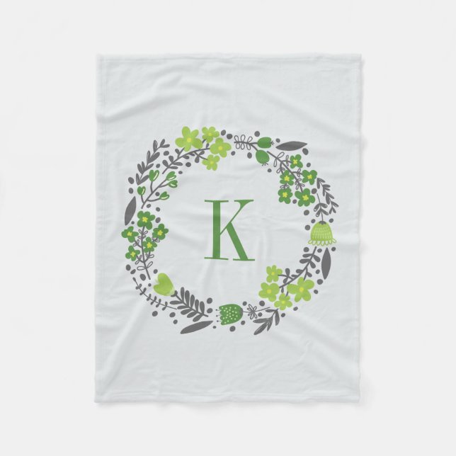 Personalisiertes Blumenwreath-u. Monogramm-grünes Fleecedecke (Vorderseite)