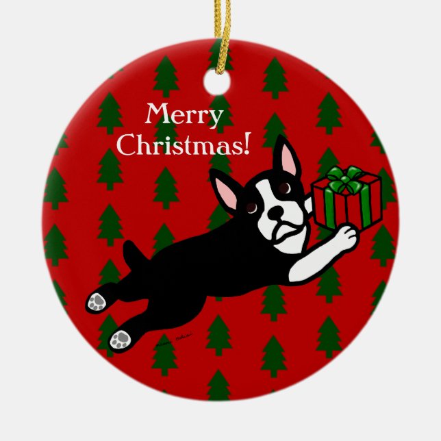 Personalisiertes Boston-Terrier-Weihnachten Keramikornament (Vorne)