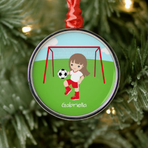 Personalisiertes Braun-Haar-Fußballmädchen Weihn Ornament Aus Metall