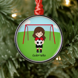 Personalisiertes Braun-Haar-Fußballmädchen Weihnac Ornament Aus Metall