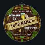 Personalisiertes Brewpub Willkommen im Hopfen Gers Dartscheibe<br><div class="desc">Erstellen Sie mit diesem wunderschönen und originellen Template-Design Ihre eigene, extravagante, benutzerdefinierte Bierpub-Dartboard. Das Dartboard ist in einem verzierten Hopfen- und Gerstenrahmen, mit einer Biergrafik, einem Sternenbegehren und einem zentralen Banner versehen, die Tasse ist. Auf dem Spielbrett steht: "Willkommen in [deinem Namen]'s Brew Pub." Dann gibt es Platz für Ihren...</div>