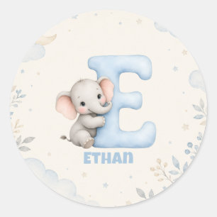 Personalisiertes Brief E Baby-Elefant Namensdesign Runder Aufkleber