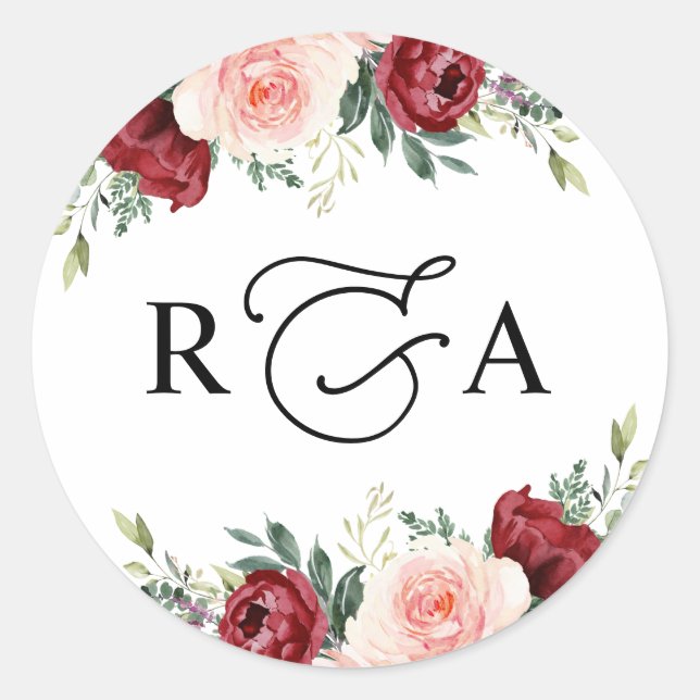 Personalisiertes Bugundy Blush Floral Monogramm Runder Aufkleber (Vorderseite)