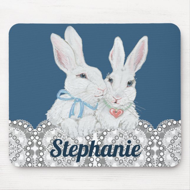 Personalisiertes Bunny Rabbit Blau und Weiße Spitz Mousepad (Vorne)