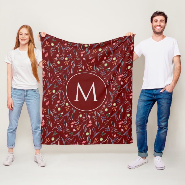 Personalisiertes Burgund-Floral-MONOGRAM Fleecedecke (Beispiel)