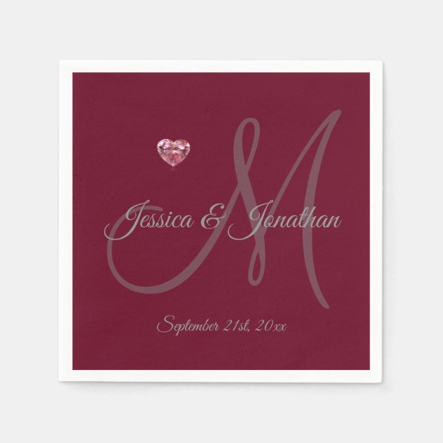 Personalisiertes BURGUNDY Herz Mit Monogramm Hochz Serviette (Vorderseite)
