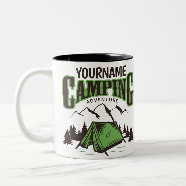 Personalisiertes Camping Familiencampingabenteuer Zweifarbige Tasse (Links)