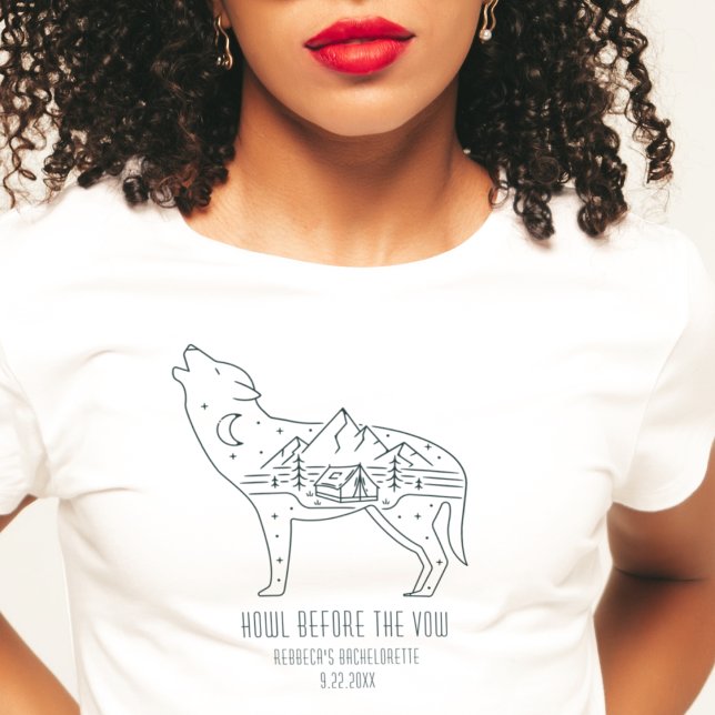 Personalisiertes Camping Junggeselinnen-Abschied W T-Shirt ("howl before the vow" wolf camping bachelorette party shirt for girls weekend Bach party bridesmaid)