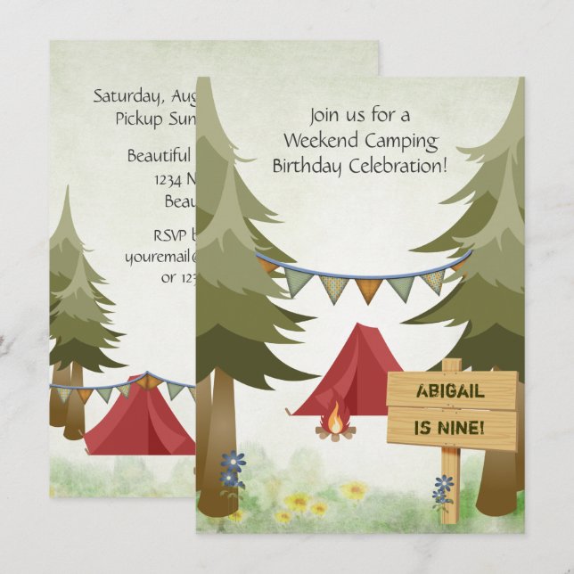 Personalisiertes Camping Red Tents Woodland Geburt Einladung (Vorne/Hinten)