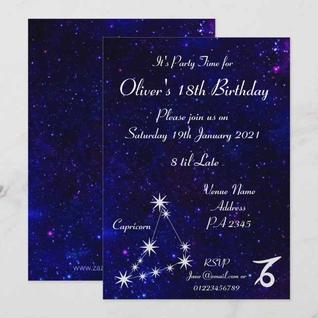 Personalisiertes Capricorn Zodiac Galaxy Party Einladung (Vorne/Hinten)