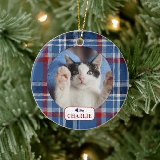 Personalisiertes Cat Blue Kariert Pet Foto Keramik Ornament