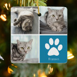 Personalisiertes Cat Foto Collage Niedlich Blue Ch Keramikornament<br><div class="desc">Dieses wunderschöne Katzenschmuck ist personalisiert mit bezaubernden Bildern von Ihrem kleinen Foto. Passen Sie dieses elegante Geschenk mit Ihren eigenen,  individuellen Felinfotos um einen coolen blauen Platz mit einem niedlichen weißen Pfotenprint und dem Namen Ihres Kätzchens in der Mitte an. Füge dein Lieblingsfoto auf der Rückseite hinzu.</div>