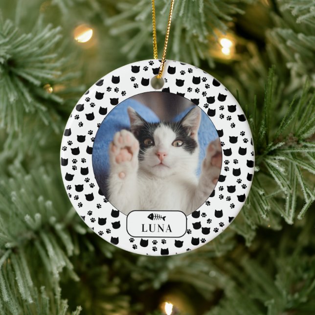 Personalisiertes Cat & Pawprint Pet Foto Keramik Ornament (Baum)