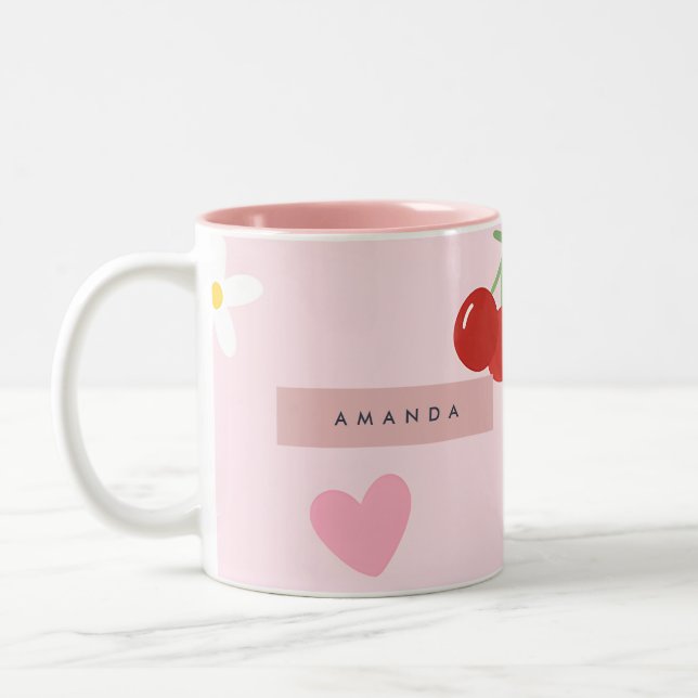Personalisiertes Cherry, Daisy & Pink Herzmuster Zweifarbige Tasse (Links)