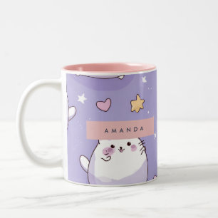 Personalisiertes Chubby Cat & Pastel Star-Muster Zweifarbige Tasse