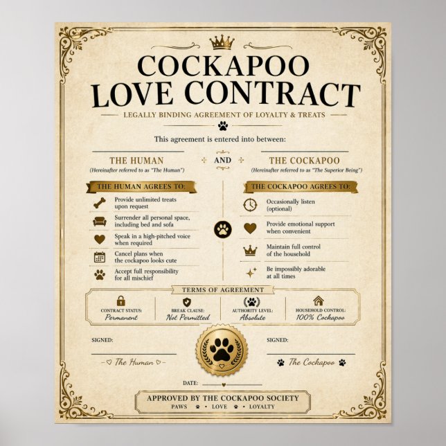 Personalisiertes Cockapoo Liebesvertrag Geschenk Poster (Vorne)