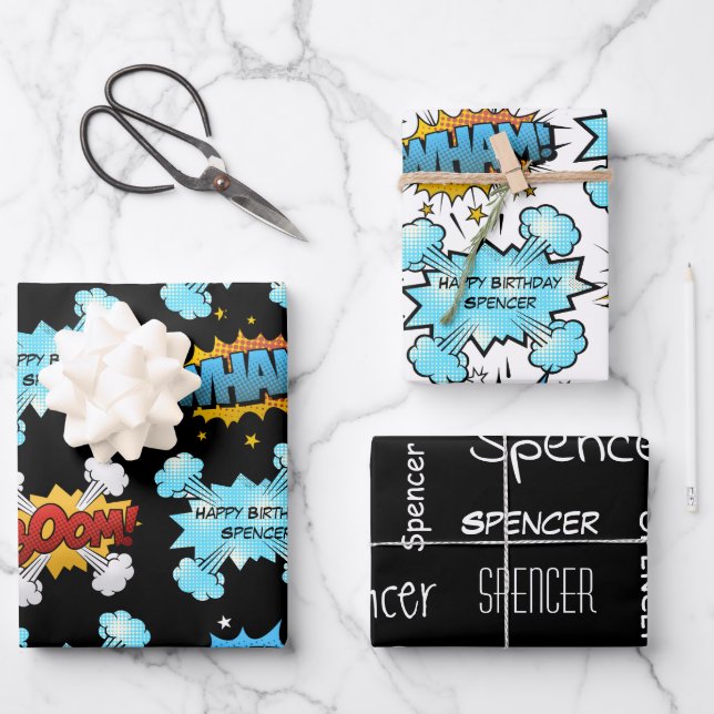 Personalisiertes Comic Geschenkpapier Set (Vorderseite)