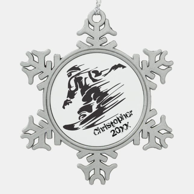 Personalisiertes Cooles Snowboarden Schneeflocken Zinn-Ornament (Vorderseite)