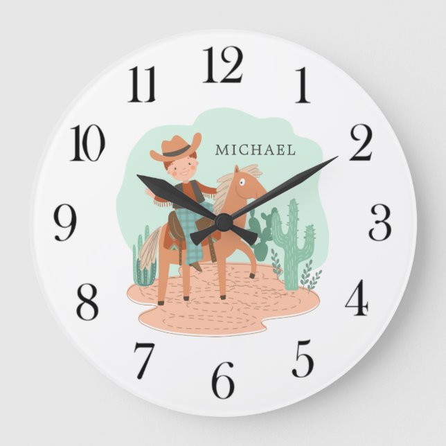 Personalisiertes Cowboy-Kinderzimmer Große Wanduhr (Vorderseite)