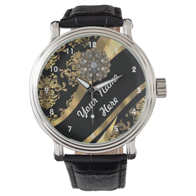 Personalisiertes Damastmuster aus Gold und Schwarz Armbanduhr (Vorderseite)
