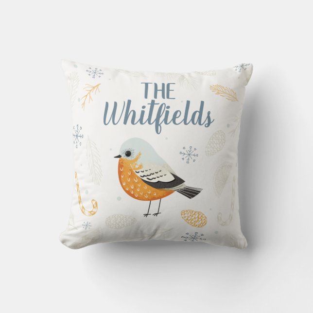 Personalisiertes Dekor Robin Snowflakes Weihnachte Kissen (Vorderseite)