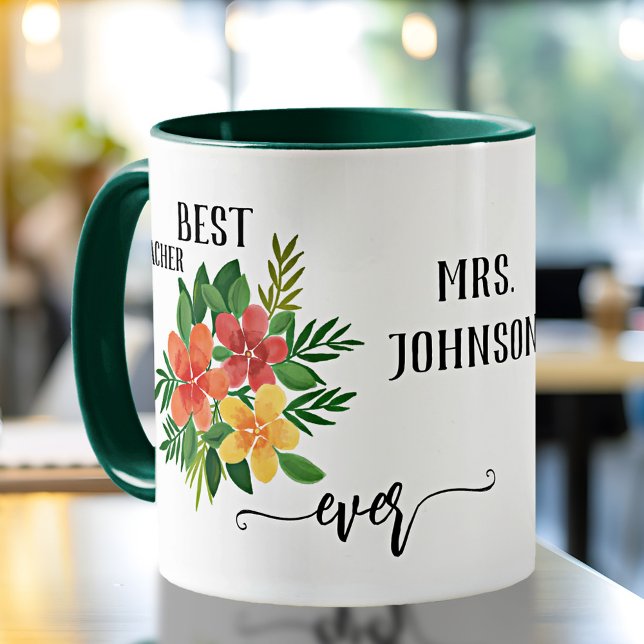 Personalisiertes Design-Lehrerbewertungen Tasse (Elegant teacher appreciation mug featuring a watercolor painting of flowers)