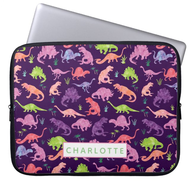 Personalisiertes Dinosaurier Muster Pink Kids Laptopschutzhülle (Vorderseite)