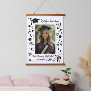 Personalisiertes Doodle-Abschluss-Andenkenfoto Wandteppich Mit Holzrahmen