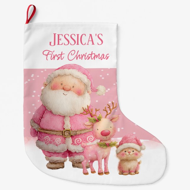 Personalisiertes Doppelseitiges Rosa Erstes Weihna Großer Weihnachtsstrumpf (Vorderseite)