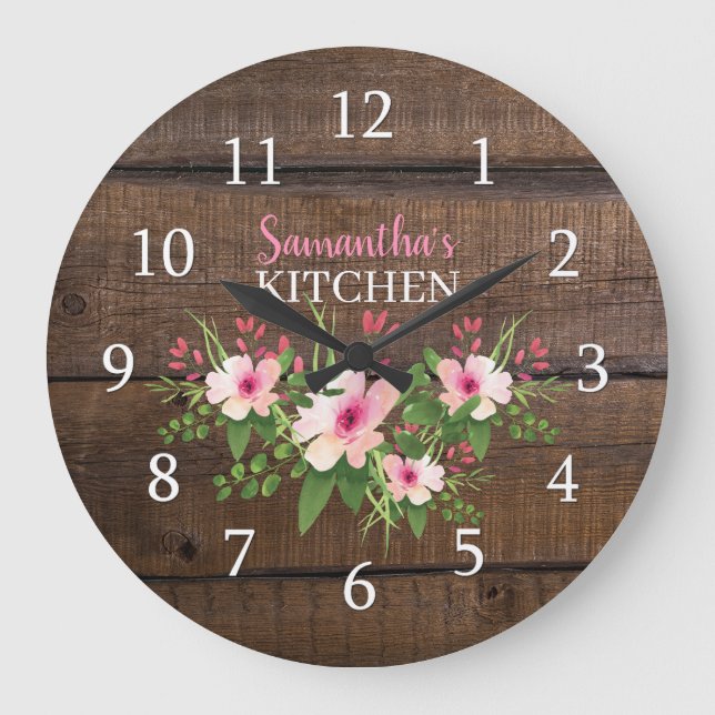 Personalisiertes dunkles Holz und rosa Blumenküche Große Wanduhr (Vorderseite)