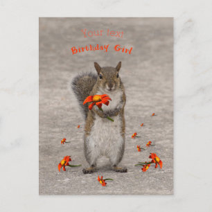 Personalisiertes Eichhörnchen mit Blume für Geburt Postkarte
