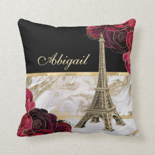 Personalisiertes Eiffelturm Gold, Rose aus schwarz Kissen