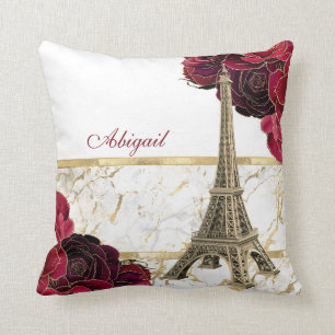 Personalisiertes Eiffelturm Gold, Rose aus weißem  Kissen