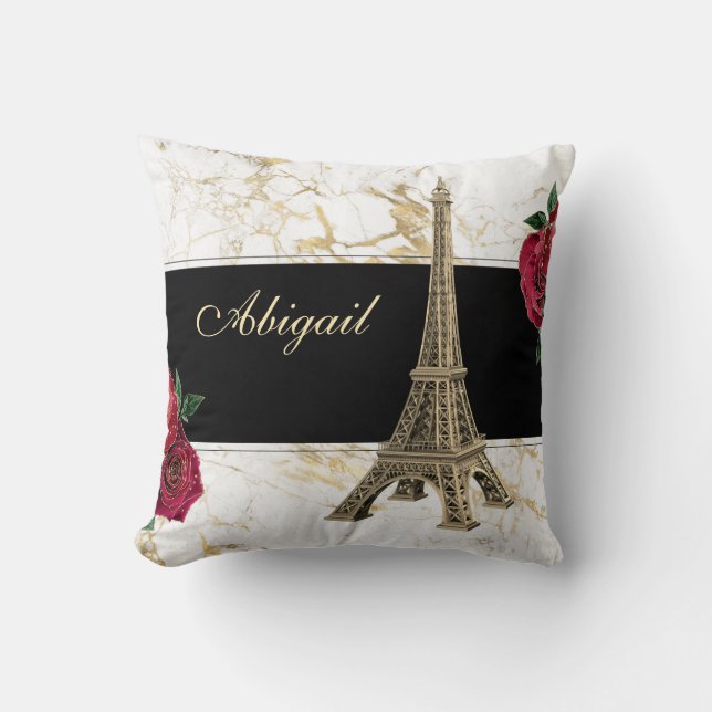 Personalisiertes Eiffelturm Gold, Rose aus weißem  Kissen (Vorderseite)