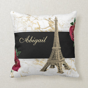 Personalisiertes Eiffelturm Gold, Rose aus weißem  Kissen