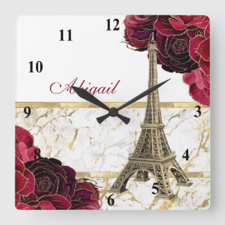Personalisiertes Eiffelturm Gold, Rose aus weißem Quadratische Wanduhr