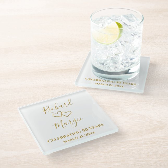 Personalisiertes Einfaches Geschenk zum 50. Geburt Glasuntersetzer (Schrägansicht)