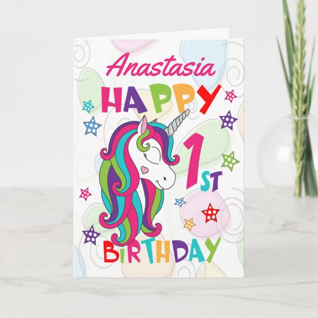 Personalisiertes Einhorn 1. Geburtstag Karte (Vorderseite)