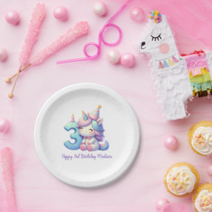 Personalisiertes Einhorn 3. Dritter Mädchen Geburt Pappteller