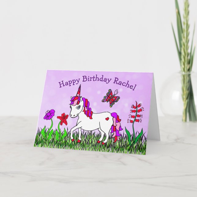 Personalisiertes Einhorn, Blume, Schmetterling Geb Karte (Vorderseite)