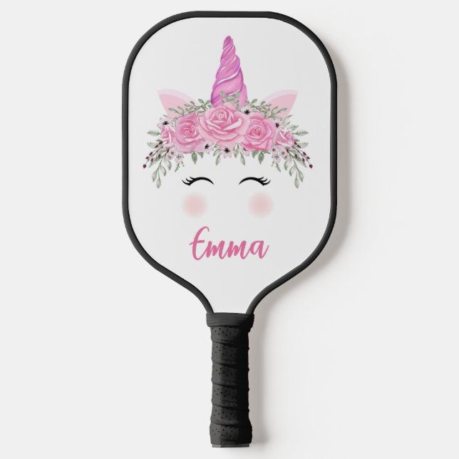 Personalisiertes Einhorn mit rosa Namen Pickleball Schläger (Vorderseite)