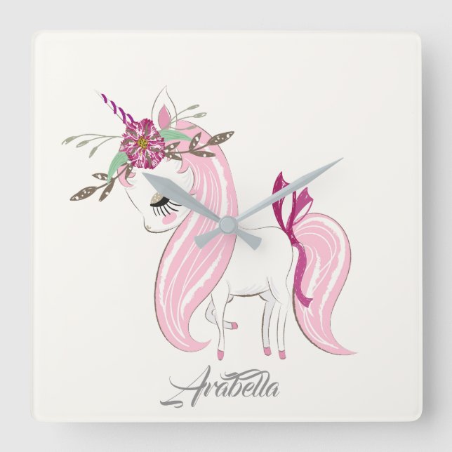 Personalisiertes Einhorn Quadratische Wanduhr (Vorderseite)