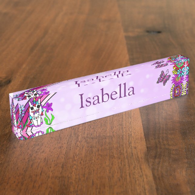Personalisiertes Einhorn, Schmetterling und Blume Namensplakette (Seite)