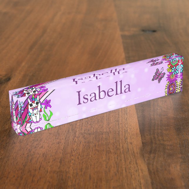 Personalisiertes Einhorn, Schmetterling und Blume Namensplakette (Seite)
