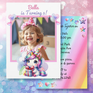 Personalisiertes Einhorn und Foto Girl's Geburtsta Einladung