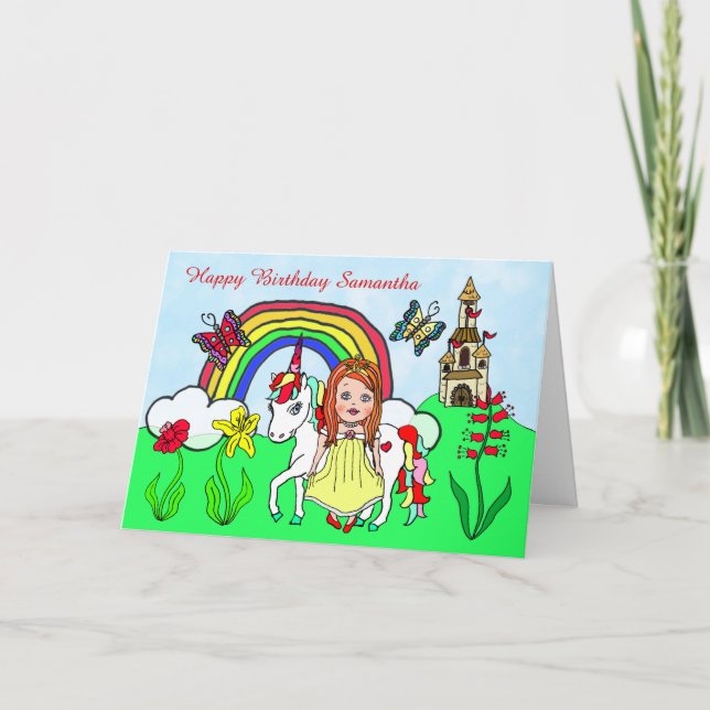Personalisiertes Einhorn und Prinzessin zum Geburt Karte (Vorderseite)