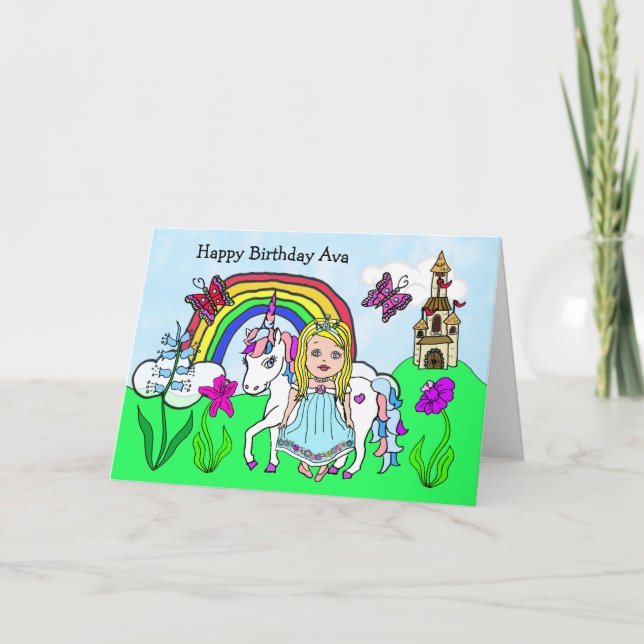 Personalisiertes Einhorn und Prinzessin zum Geburt Karte (Vorderseite)
