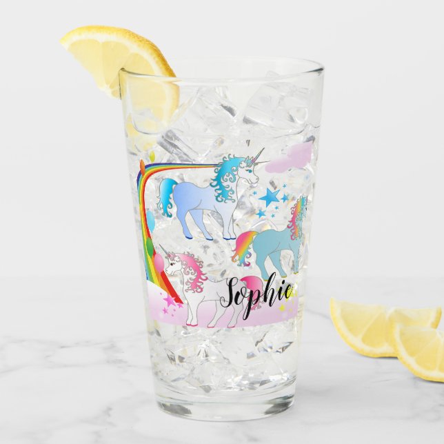Personalisiertes Einhorn- und Regenbogengetränk Glas (Vorderseite Ice)